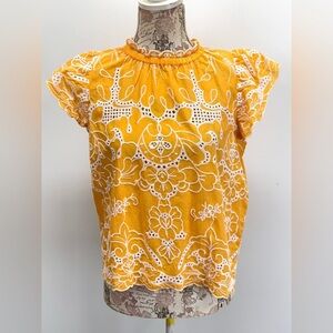JENNIFER & GRACE Marigold Yellow and White embroidered flutter sleeve top size S